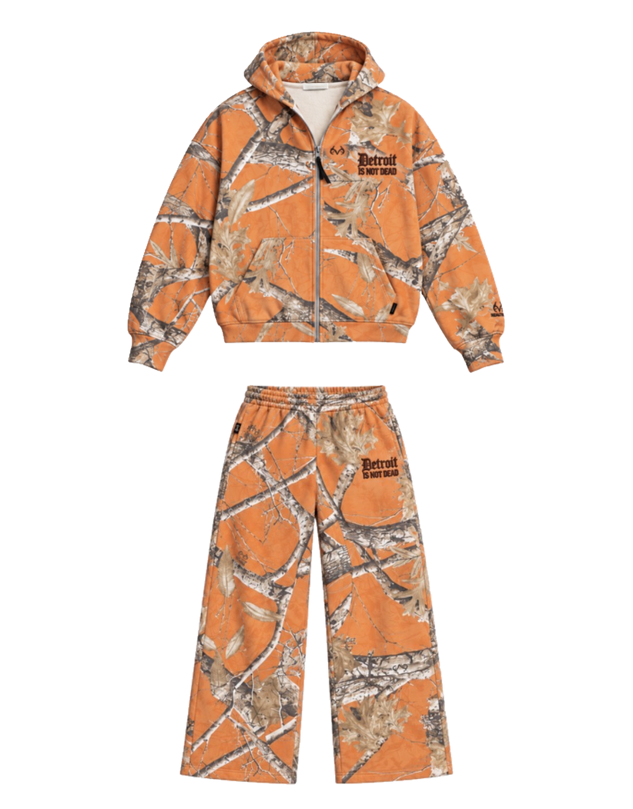 DIND orange camo matching zip jacket and sweatpants set on transparent background