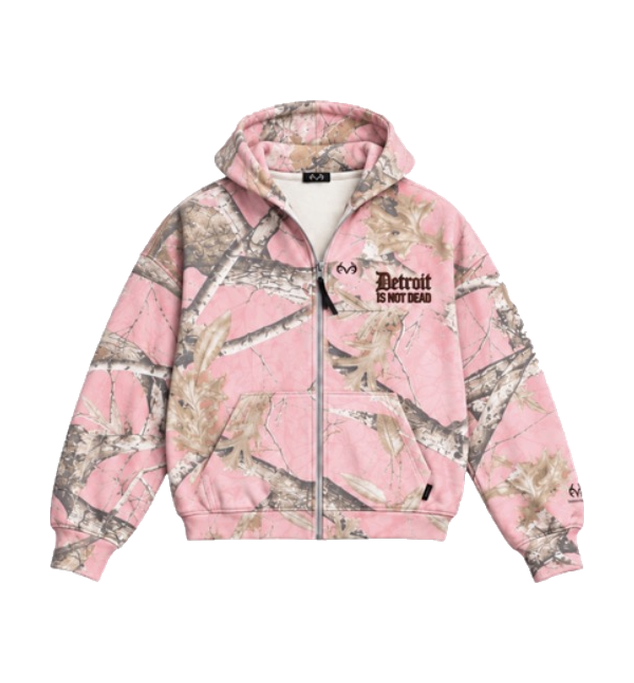 DIND pink camo zip jacket front, isolated transparent background