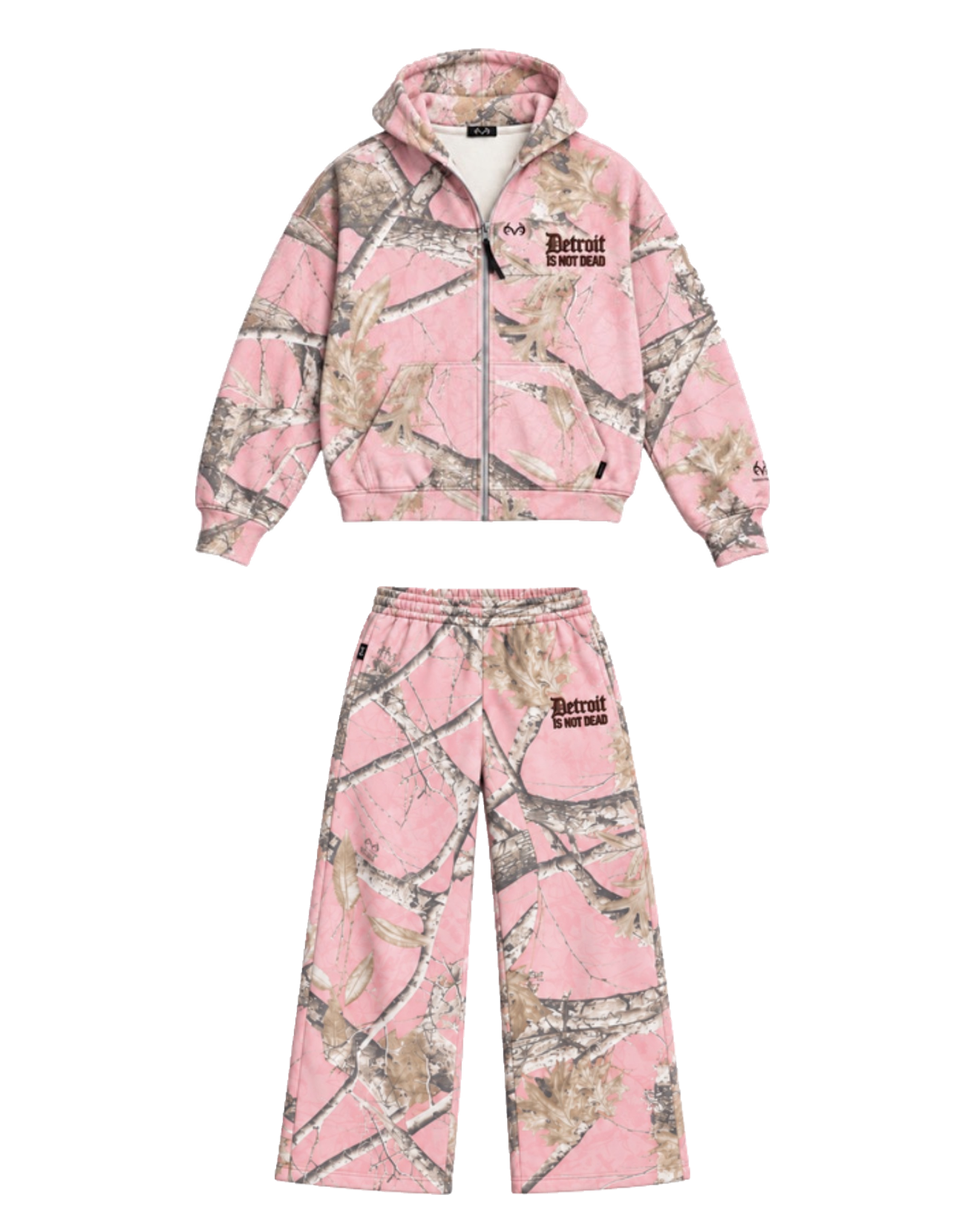 DIND pink camo matching zip jacket and sweatpants set on transparent background