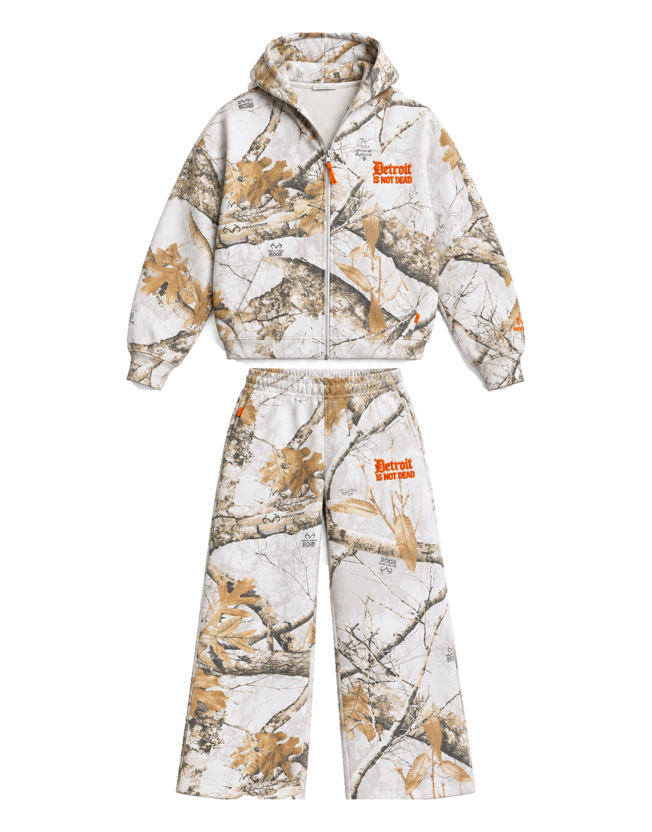 DIND white camo matching zip jacket and sweatpants set on transparent background