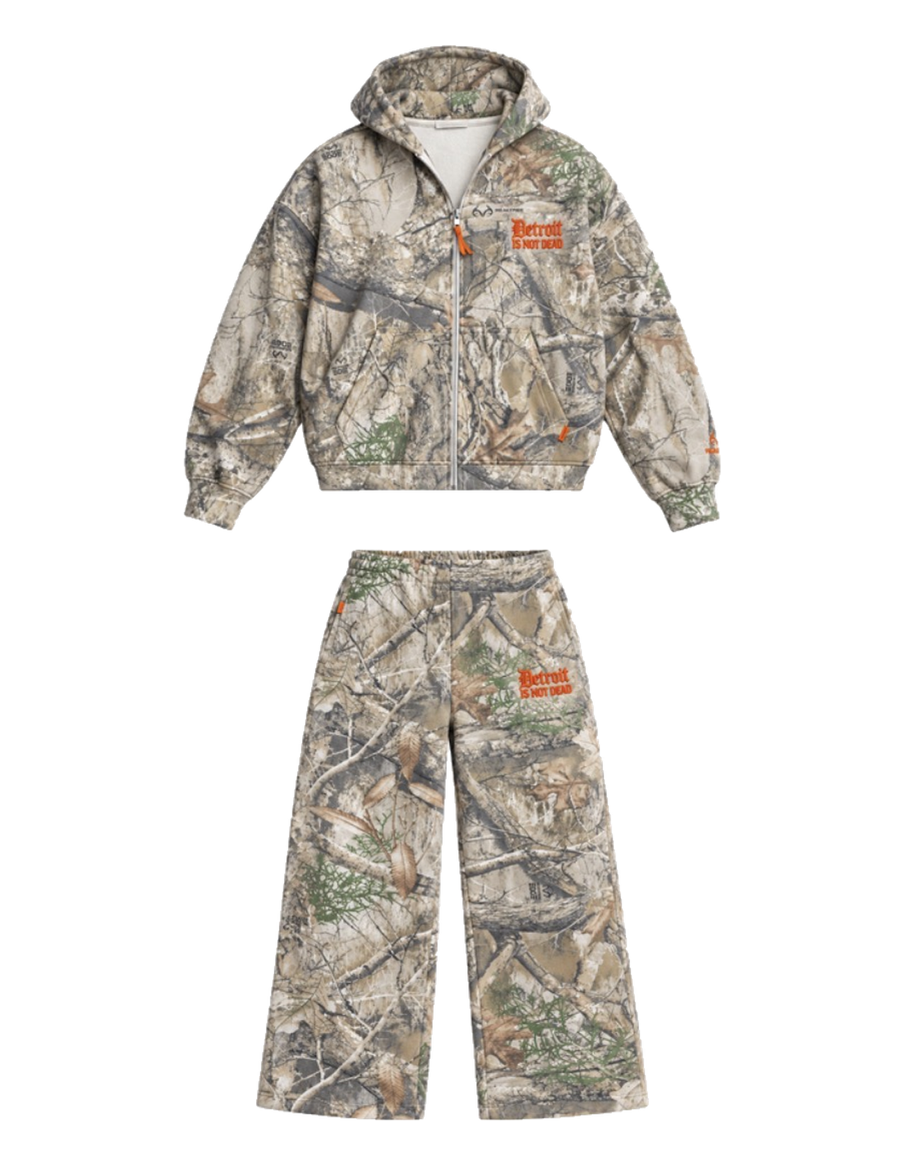 DIND woodland camo matching zip jacket and sweatpants set on transparent background